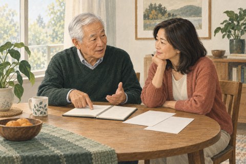Illustration of an older man and a family member preparing questions together.